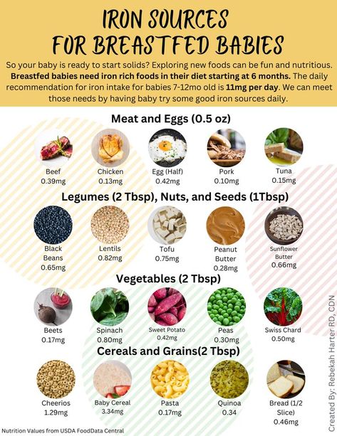 Make sure your baby is getting necessary nutrients for development. At 6 months babies need more iron than what is present in breast milk. Help your baby meet those needs through supplementation or including iron rich foods in their diet! Iron Rich Baby Food, Iron Sources, Foods That Contain Iron, Baby Food Chart, Easy Baby Food Recipes, Foods With Iron, Baby Led Weaning Recipes, Healthy Baby Food, Baby First Foods