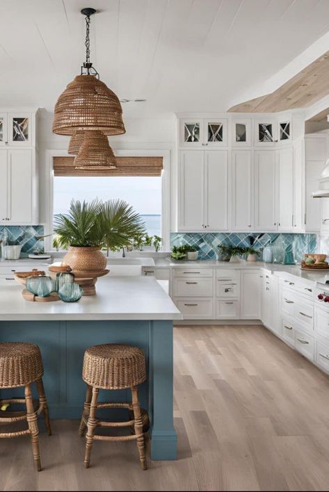 Greece House Interior, Coastal House Aesthetic, Elegant Kitchen Backsplash, Beachhouse Kitchen, Backsplash Ideas For White Cabinets, Aesthetic Home Interior, Ivy Kitchen, Beach Cottage Kitchens, Herringbone Tiles