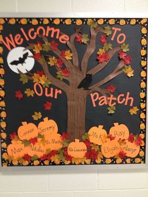 Welcome To Our Patch Family Tree Bulletin Board, Fall Classroom Decorations Ideas, Tree Classroom, Fall Classroom Door, Bulletin Board Tree, October Bulletin Boards, Halloween Classroom Door, Tree Carvings, Fall Bulletin Board