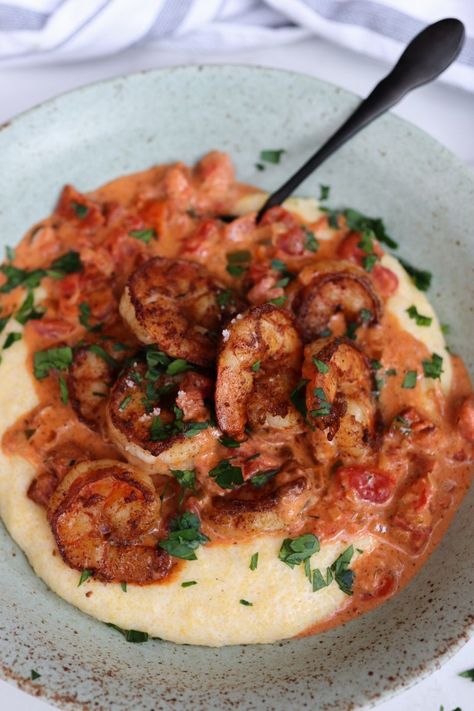 SPICY SHRIMP AND GRITS – CAFÉ CHRISTINA Spicy Shrimp And Grits Recipe, Spicy Shrimp And Grits, Alpha Gal Recipes, Shrimp N Grits Recipe, Alpha Gal, Greasy Food, Shrimp Sauce, Spicy Cheese, Salmon And Shrimp