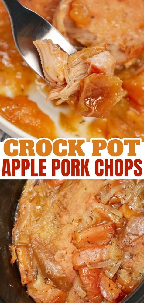 Crock Pot Apple Pork Chops are an easy slow cooker dinner recipe made with boneless pork chops, green apples, red apples and sliced onions. Apple Onion Pork Chops Crockpot, Crockpot Baked Apples Healthy, Boneless Pork Chop Recipes With Apples, Apple Juice Pork Chops, Pork Apples Onions Crockpot, Pork Chops In The Crock Pot Apples, Pork Chops With Apples Crockpot, Air Fryer Pork Chops With Apples, Pork Chop Apple Recipes Crockpot