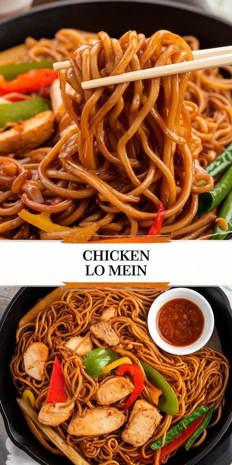 This homemade Chicken Lo Mein is packed with flavor! Juicy chicken, crisp vegetables, and savory noodles, all tossed in a tasty sauce for the perfect weeknight meal. One Pan Spicy Soy Noodles With Chicken, Simple Lo Mein Sauce, Homemade Chicken Lo Mein, Chicken Lo Mein Noodles Recipe, Instapot Lo Mein, Homemade Lo Mein Noodles, Chinese Lo Mein Recipe, Healthy Lo Mein Recipe, Asian Chicken Noodles