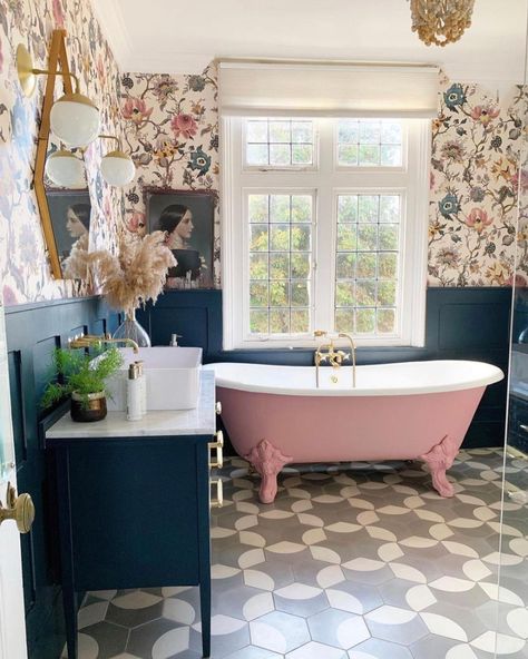 Katie Woods (@comedowntothewoods) • Instagram photos and videos Gold Sink, Pink Tub, Monochrome Bathroom, Bathroom Plans, Pretty Bathrooms, Window Ledge, Pink Baths, Chic Bathrooms, Pink Bathroom