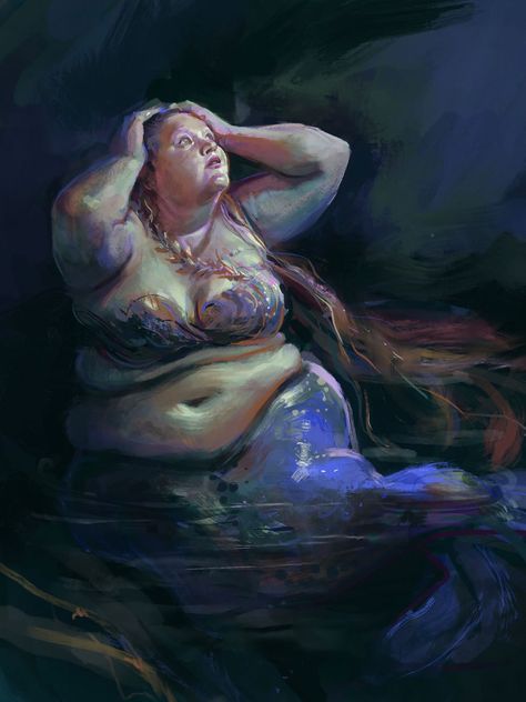 These are the actual colours I painted with, but I played around a bit with gradient maps to get a few variations... I like them all, and cannot really decide which I prefer.    Ref is from this. Fat Mermaid, Mermaid Things, Mermaid Pose, Plus Size Art, Fantasy Mermaids, Fat Art, Sea Life Art, Mermaid Painting, Real Mermaids