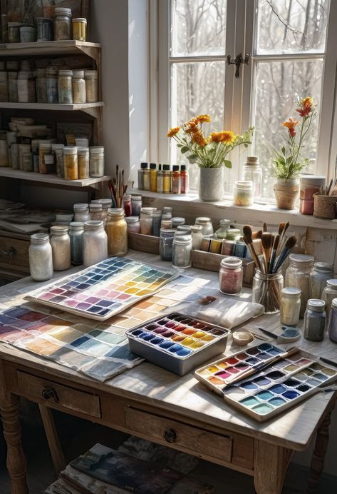 Painting Aesthetic Gouache, Artist Studio Interior Design, Art Equipment Aesthetic, Drawing Supplies Aesthetic, Art Tools Aesthetic, Painting Tools Aesthetic, Painting Supplies Aesthetic, Painting Studio Aesthetic, Painting Hobby Aesthetic