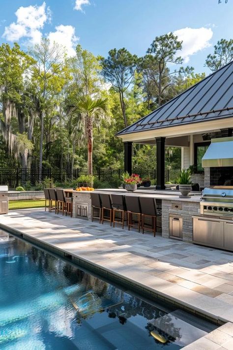 Ultimate Pool and Outdoor Kitchen Ideas Guide Poolside Kitchen Ideas, Outdoor Kitchen By Pool Ideas, Outdoor Kitchen By Pool, Pool And Outdoor Kitchen Ideas, Raised Pools, Small Urban Garden, Poolside Dining, Outdoor Kitchen Cabinets, Outdoor Kitchen Ideas