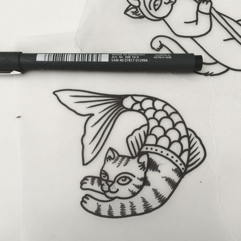 Simple Old School Tattoo Black, Traditional Cat Tattoo Flash, Cat Mermaid Tattoo, 4 Tattoo, Mermaid Tattoo, Cat Tattoos, Tattoo Flash Art, Great Tattoos, School Tattoo