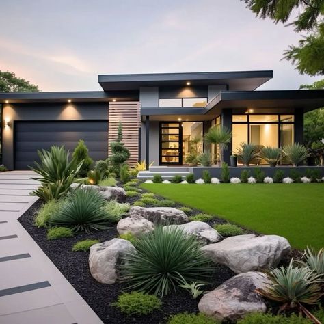 Front Home Landscaping Modern, Modern Desert Front Yard, Front Yard And Driveway Ideas, Front Yard Landscaping With Driveway, Along Driveway Landscaping, Contemporary Landscape Design Front Yard, Modern House Driveway, Modern Driveway Ideas Concrete, Landscape Design Front Of House Modern