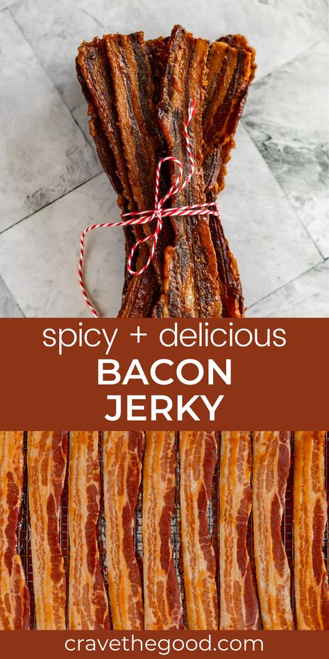 Bacon Jerky is super easy to make! This bacon jerky recipe can be made in the oven, in a food dehydrator or smoked. I'll walk you through how to make this delicious candied bacon snack! Choose your own flavor adventure with this recipe, maple, brown sugar, honey, sriracha, cayenne. | cravethegood.com Bacon Jerky Recipe Dehydrator, Jerky Recipes Dehydrator, Oven Jerky, Jerkey Recipes, Dehydrating Food Storage, Bacon Jerky, Homemade Beef Jerky, Homemade Jerky, Jerky Recipe