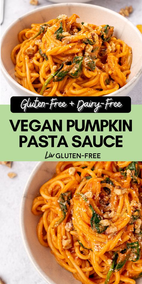 Pumpkin Pasta Sauce Recipe, Vegan Pumpkin Pasta, Vegan Autumn, Gluten Free Fall Recipes, Pumpkin Pasta Sauce, Pasta Sauce Recipe, Dairy Free Pasta, Autumn Dinner, Pumpkin Sauce