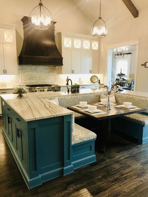 Kitchen Island With Booth Seating Built Ins, Kitchen Island With Kitchen Table, Kitchen With Island Booth, Kitchens With Booth Seating, Kitchen With A Booth, Build In Kitchen Seating, Kitchen Island Seats 10, Eat In Kitchen Booth Built Ins, Booth In Island Kitchen