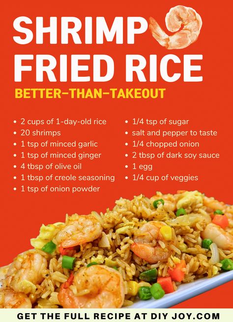 Shrimp fried rice better-than-takeout via @diyjoycrafts Easy Shrimp Fried Rice Recipe, Easy Shrimp Fried Rice, Seafood Fried Rice, Bbq Foods, Shrimp Fried Rice Recipe, Single Serve Meals, Pancake Breakfast, Chinese Cooking Recipes, Shrimp Fried Rice