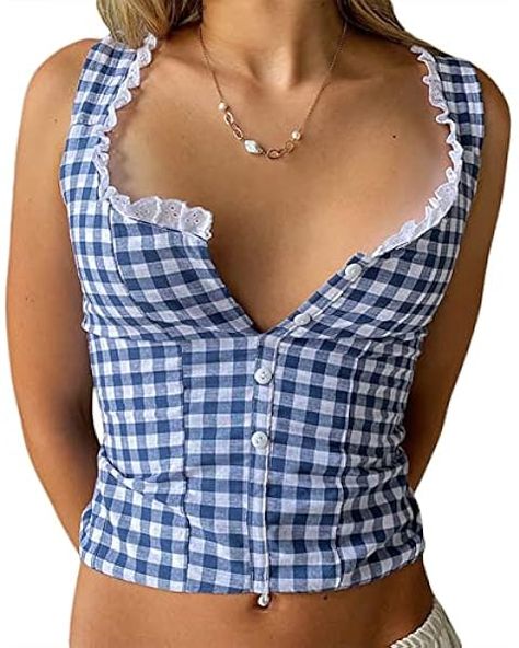 Women's Y2k Plaid Crop Top Square Neck Lace Trim Gingham Tank Top Spaghetti Strap Cami Shirt Going Out Corset Tops at Amazon Women’s Clothing store Summer Vintage Outfits, Womens Tank Tops Summer, 2000s Clothing, Plaid Tank Top, Backless Tank Top, Streetwear Girl, Plaid Crop Top, Girls Crop Tops, Backless Crop Top