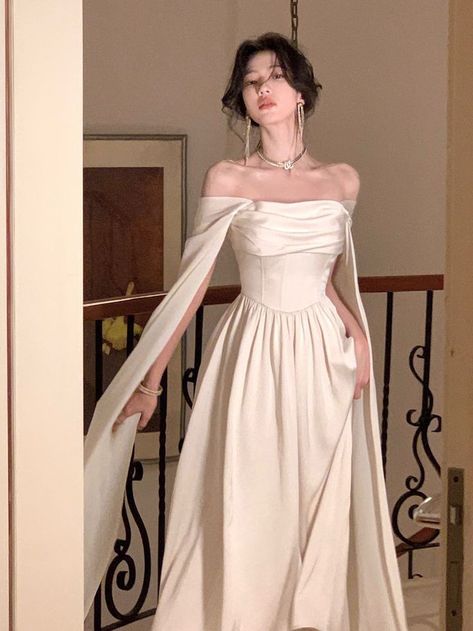 Beige Graduation Dress, Royal Outfits Female, Prom Dresses Modest Elegant, White Gowns Elegant Classy, White Dress Fancy, Pretty Dresses Elegant, Beige Color Dress, Long Dress Satin, Simple Elegant Dresses