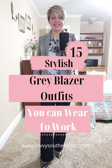 Women’s Gray Blazer Outfit, Business Casual Grey Blazer, Light Grey Suit Women Work Outfits, Casual Grey Blazer Outfit, Grey Jacket Women Outfit, Gray Suit Jacket Outfits Women, Grey Blazer Outfit Women Work Attire, Grey Blazer Outfits For Women Work, Grey Tweed Blazer Outfit Women