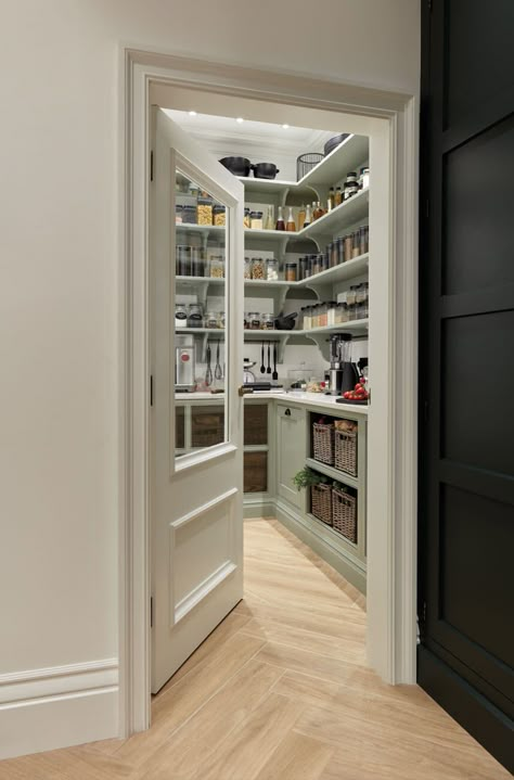 Walk In Larder, Larder Ideas, Benchmarx Kitchen, Small Walk In Pantry, Tom Howley Kitchens, Walk In Pantry Ideas, Larder Pantry, Pantry Lighting, Pantry Closet Design