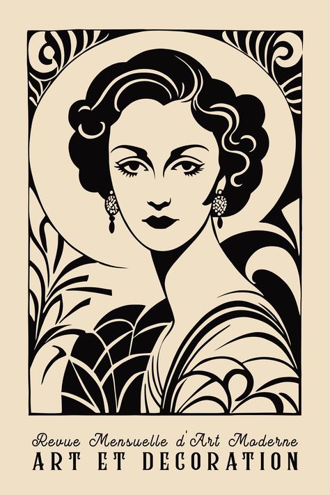 Art Deco Woman Illustration Poster, Vintage Black & Beige Wall Art Print, Retro Modern French Style Portrait, ELegant Living Room Art Print Art Deco Woman Illustration, Art Deco Vintage Posters, 20s Illustration Woman, Art Nouveau Portrait Illustrations, French Art Deco Posters, French Art Nouveau Poster, Art Deco Portrait, Vintage French Posters Art Nouveau, Art Deco Aesthetic