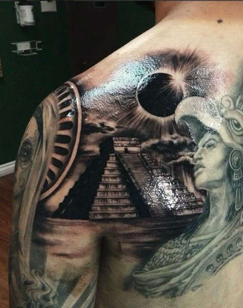 Chichen itza pyramid eclipse tattoo Eclipse Tattoo, Aztec Tattoos Sleeve, Pyramid Tattoo, Aztec Warrior Tattoo, Azteca Tattoo, Mayan Tattoos, Aztec Tattoos, Egyptian Tattoo Sleeve, Inca Tattoo