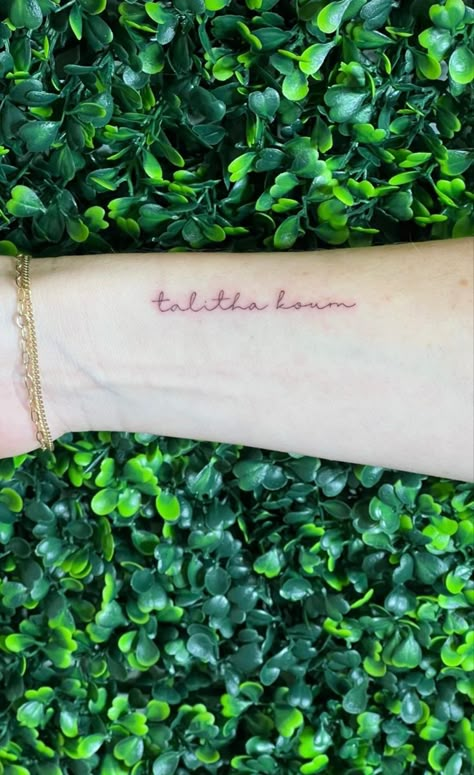 Talitha Koum, fine line, tattoo, biblical Talitha Cumi Tattoo, Talitha Koum Tattoo, Christian Finger Tattoos, Hebrew Tattoos For Women, Talitha Koum, Finger And Hand Tattoos, Wrist Tatoo, Christian Tattoo Ideas, Forget Me Not Tattoo