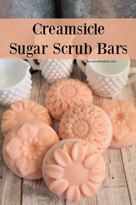 6 creamsicle sugar scrub bars on a wooden board. Three small pieces of milk glass are in the background Body Scrub Bars Diy, Diy Body Scrub Recipes How To Make, Homemade Scrubs Recipes, Soap Making Molds Diy, Body Scrub Bar, Sea Salt Soap Recipe, Best Sugar Scrub Recipe, Diy Spa Stuff, Homemade Body Care Products