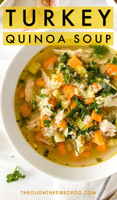 labelled turkey quinoa soup in a white bowl on a checked cloth. Turkey Quinoa Soup, Soup With Quinoa, Quinoa Soup Recipes, Turkey Quinoa, Histamine Foods, Low Histamine Foods, Low Histamine Recipes, Turkey Soup Recipe, Histamine Diet