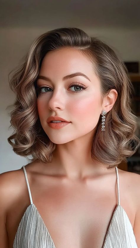 Hair Styles Wedding Short Hair, Short Hairstyles For Gala Event, Gala Ball Hairstyles, Curls To The Side Hairstyle, Short Hair Styles For A Wedding Guest, Wavy Hair One Side Pinned Back, Mob Half Up Hairstyles, Hairstyle Ideas For Formal Event, Hairstyle For A Ball