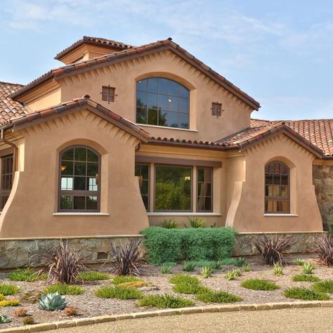 Orange Stucco House, Terracotta Stucco Exterior, Exterior House Colors With Stucco, Stucco House Colors Exterior Paint Ideas, Terracotta House Exterior, Bathroom Windows Ideas, Mediterranean Exterior Paint Colors, Stucco Makeover, Terracotta Roof House Exterior Colors