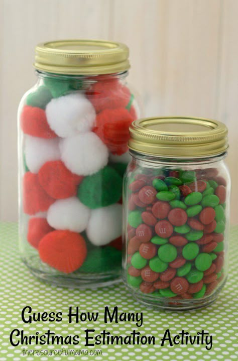 This Christmas estimation activity is fun and easy addition to Christmas parties. Kids use real life math skills when estimating how many items are in jars. #christmas #kidsactivity #mathactivities classroom games holiday party Holiday Party Kids Games, Guessing Jar, Classroom Christmas Party, Christmas Party Games For Kids, Christmas Sleepover, Real Life Math, Christmas Party Activities, School Christmas Party, Holiday Party Kids