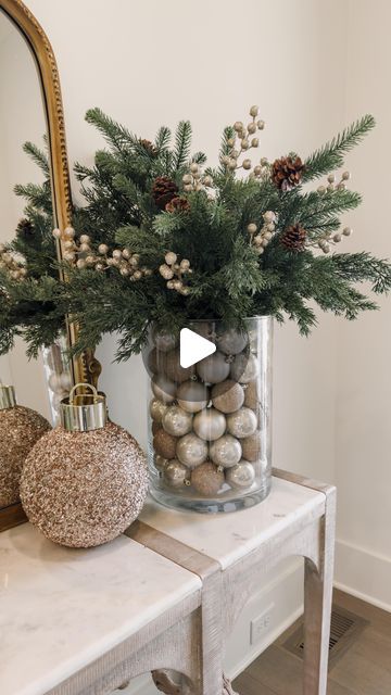 Ashley Savage | Home Decor on Instagram: "Ornament Vase Centerpiece Such an easy and fun Christmas DIY to make! Grab a couple coordinating vases and a pack of ornaments to make this arrangement for a Christmas party or just as a centerpiece in your home for the holidays! You could even add some fairy lights in there to make it twinkle at night!  • • • • #christmasdecor #christmasdiy #christmashome #diychristmasdecor #christmaspartyideas #christmasideas #christmas" Xmas Centerpiece Ideas, Christmas Vase Arrangements, Christmas Vase Filler Ideas, Ornament Centerpieces, Ornament Vase, Diy Christmas Centerpiece, Christmas Centers, Christmas Vases, Vase Centerpiece