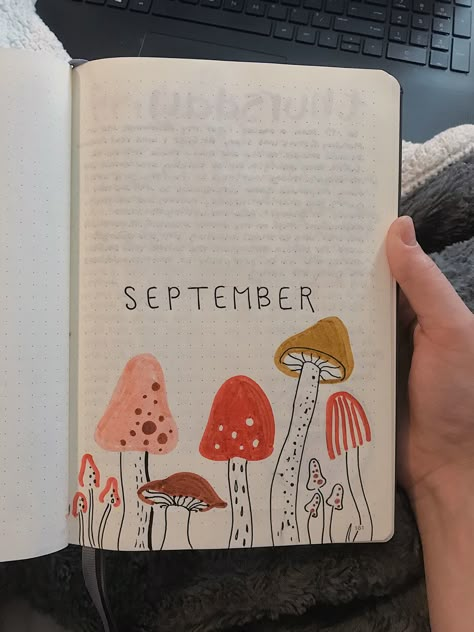 November Journaling, September Bullet Journal Cover, Calligraphy Calendar, Vintage October, September Bullet Journal, Mushroom Theme, Cute Calligraphy, Bullet Journal September, Journal Cover Page