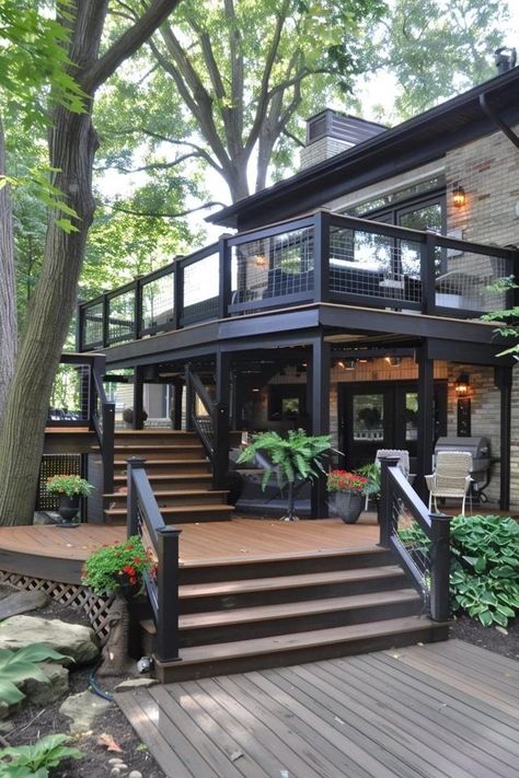 Back Deck With Walkout Basement, Double Deck Patio, 2 Story Deck Ideas, Double Deck Ideas, Large Deck Ideas Layout, 2 Story Deck Designs, Two Story Deck Ideas, Two Tier Deck Ideas, Layered Deck