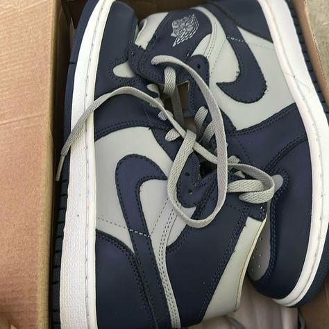 These are never worn Jordan 1s I bought 2 pairs on accident. Jordans Grey, Jordan Grey, Jordan 1s, Womens Jordans, Size 8 Women, Blue And Grey, Jordan Shoes, Womens Shoes Sneakers, Blue Gray