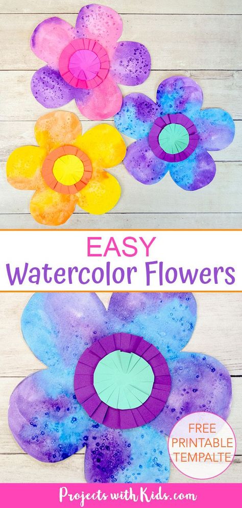 These easy watercolor flowers are a fun and colorful art project for kids of all ages! An excellent beginner watercolor project using easy techniques. Free printable template included. Easy Watercolor Flowers, Spring Crafts Preschool, Spring Arts And Crafts, Spring Flower Crafts, Beginner Watercolor, May Crafts, Preschool Spring, April Crafts, Preschool Art Projects