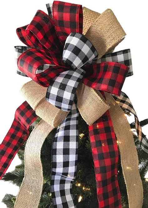 Christmas Tree Topper Large Buffalo Plaid Burlap Red and Black Gift Bow for Xmas Tree Handmade Holiday Party Decorations-13 x 17 Inch Xmas Tree Toppers, Buffalo Plaid Christmas Decor, Tree Aesthetic, Christmas Tree Topper Bow, Plaid Christmas Decor, Buffalo Check Christmas, Tree Topper Bow, Christmas Tree Bows, Farmhouse Christmas Tree