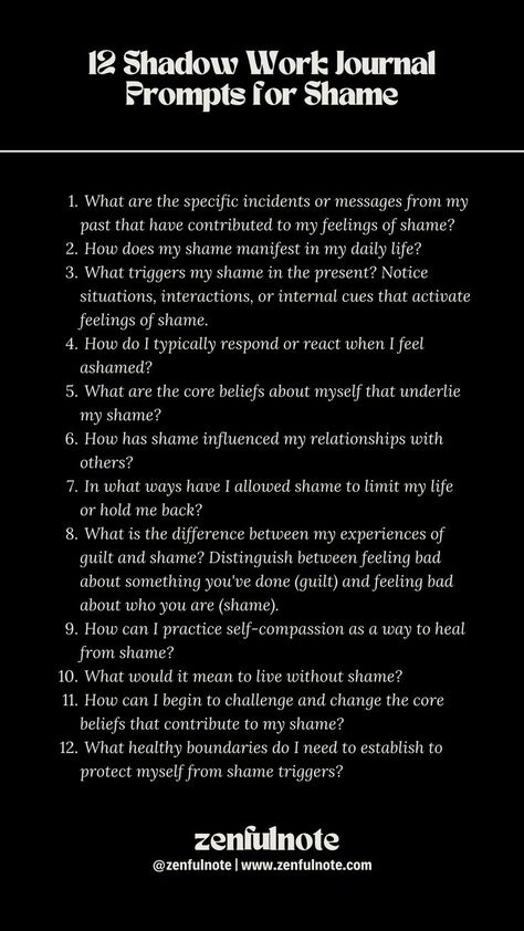 Shadow work focusing on shame involves confronting the deep-seated feelings that tell us we are fundamentally flawed or unworthy of love and belonging. This work can help us understand the origins of our shame, how it affects our lives, and how we can begin to heal. Fear Of Relationships, Shadow Work Spiritual, Shadow Work Prompts, Shadow Work Journal Prompts, Work Journal Prompts, Shadow Work Journal, Aura Quotes, Shadow Self, Therapy Healing
