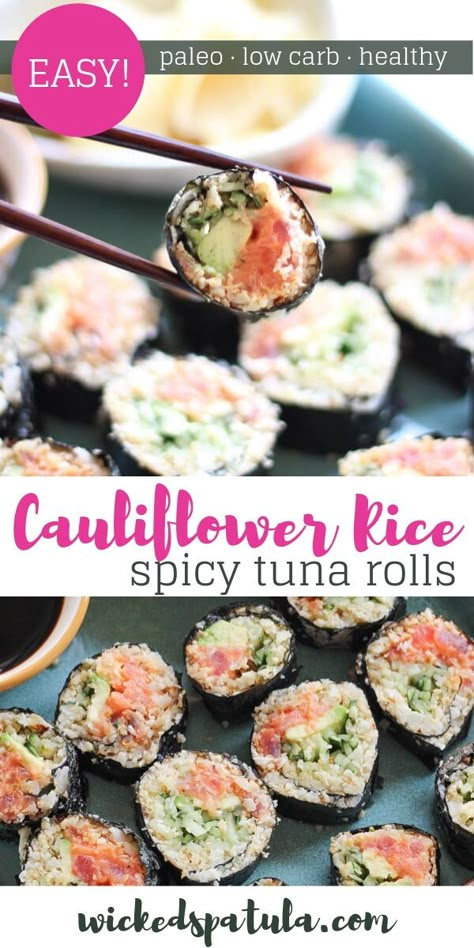 These cauliflower rice spicy tuna rolls are the perfect paleo sushi alternative! #wickedspatula #paleo #lowcarbsushi Rice Sushi Rolls, Cauliflower Rice Sushi, Paleo Sushi, Sushi Rolls Recipe, Keto Sushi, Low Carb Sushi, Paleo Seafood, Paleo Seafood Recipes, Paleo Cauliflower