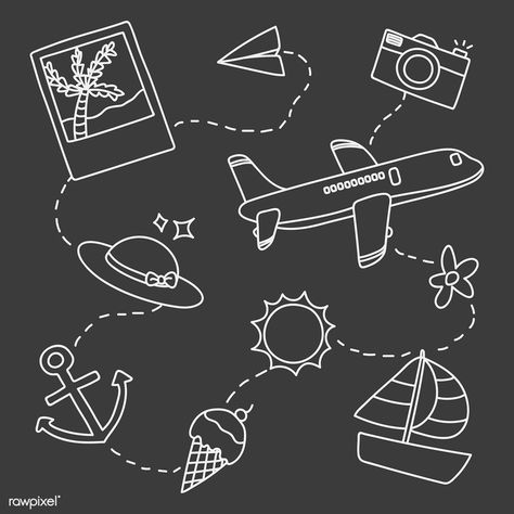 Hand drawn travel element on black background vector set | free image by rawpixel.com Plane Sketch, Travel Doodles, Diy Photo Book, Scrapbook Gift, Line Artwork, Photo Album Diy, Scrapbook Book, Album Diy, Scrapbook Art