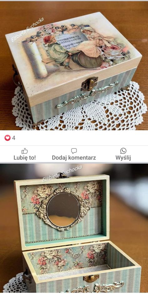 Decoupage Jewelry Box Ideas, Decoupage Boxes Ideas, Craft Box Ideas, Decoupage Box Vintage, Wooden Box Crafts, Puppy Crafts, Decoupage Jewelry Box, Hand Painted Wooden Box, Jewelry Box Makeover