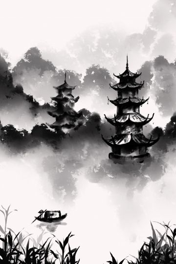 artistic conception,tower,sun and moon tower,bamboo,ferry,ink wind,ink painting,antiquity,chinese style Chinese Style Illustration, Japanese Ink Painting, Chinese Landscape Painting, Chinese Art Painting, Japanese Artwork, Tinta China, Japon Illustration, Chinese Landscape, Sketch Books