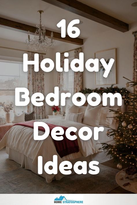 A bright bedroom showcasing elegant holiday decor, including garlands, Christmas-themed bedding, and a large tree decorated for the season. Holiday Bedroom Ideas, Christmas Bedroom Decor Ideas, Holiday Bedroom Decor, Christmas Bedroom Decor, Cozy Holiday Decor, Holiday Decor Ideas, Holiday Bedroom, Bedroom Decorations, Christmas Decorations Bedroom