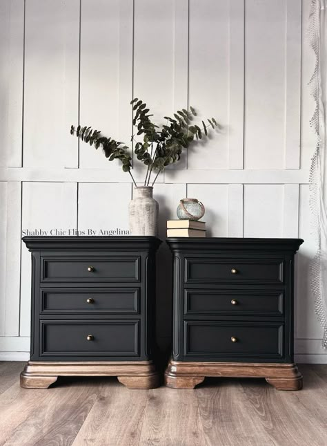 SOLD Rich Matte Black Nightstands Shipping NOT Included in Price. Please DM for Shipping Quote Before Purchasing - Etsy Black And Natural Wood Nightstand, Wood Top Nightstand, Black Accent Master Bed, Matt Black Furniture, Dresser Flip Shackteau Interiors, Dresser Drawer Makeover, Redo Antique Dresser, Long Dresser Repurposed Ideas, Refurbished Black Dresser