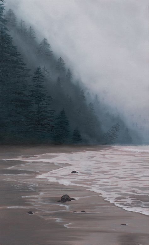 Foggy Beach Painting, Grey Beach Painting, Misty Ocean Painting, Beach With Mountains Painting, Misty Beach Aesthetic, Misty Mountain Painting, Pacific Northwest Painting, Misty Landscape Painting, Misty Watercolor Paintings