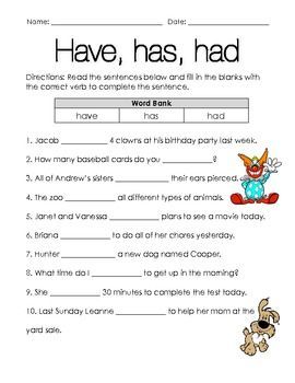 To go along with the second grade Harcourt grammar during the story 'Chinatown' but could be used for any grade at any time. This worksheet has nothing to do with teaching have/has/had, just to be used as a practice or even an assessment.: Had Worksheet, Helping Verbs Worksheet, Verb To Have, Worksheets For Grade 1, English Grammar Test, English Homework, General English, English Grammar For Kids, Grammar For Kids