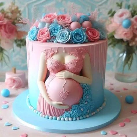 Baby Shower Gender Reveal Cake, Baby Reveal Cakes, Baby Shower Cake Designs, Pregnant Cake, Pastry Chocolate, Fruits Decoration, Creative Cake Decorating, Creative Birthday Cakes, Baby Birthday Cakes