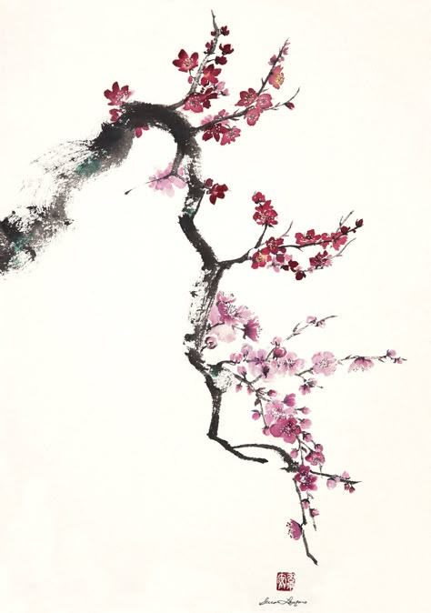 Spring — Susan Lanzano Blossom Tree Tattoo, Weeping Cherry, Sakura Tattoo, Cherry Blossom Painting, Sky Art Painting, Chinese Art Painting, Cherry Blossom Tattoo, 강아지 그림, Blossom Tattoo