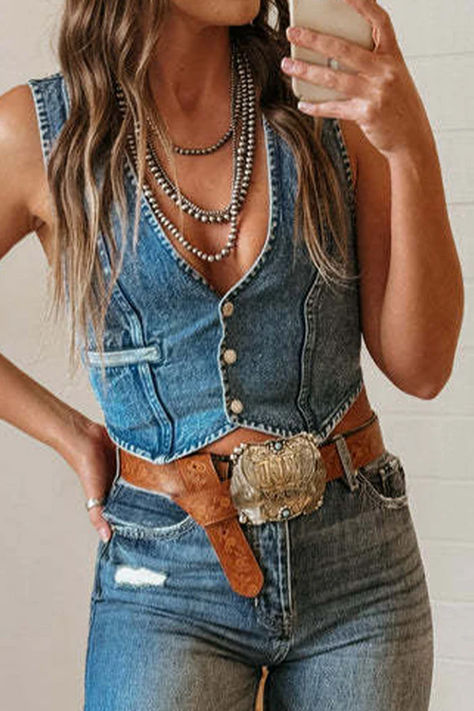 Sexy Hot Solid Color Distressed Buckle V Neck Sleeveless Regular Denim Jacket(3 Colors) Nfr Outfits, Suit Type, Looks Country, Sleeveless Suit, Western Style Outfits, Cropped Vest, Mini Robes, Cowgirl Outfits, Denim Style