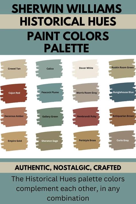 Craftsman Home Color Palette, Sherwin Williams Historical Exterior Paint Colors, Sw Historic Paint Colors, Early American Paint Colors, Vintage Wall Paint Colors, School Room Paint Colors, Colonial Williamsburg Paint Colors, Hacienda Paint Colors, Vintage Paint Colors Colour Palettes