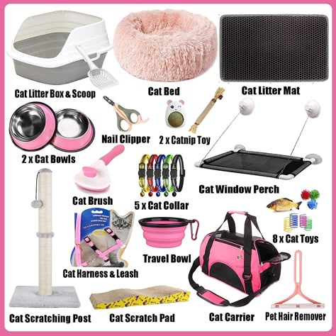 Perfect Welcome Home Gift for Your New Cat-Pink SUPER VALUE PACK - 30 in 1 cat daily essential kit. Contains: a cat litter box, a cat litter mat, a cat bed, 2 steel cat bowls, a pet grooming brush, 10 cat toys, a pet hair removal brush, a cat harness and leash, a cat nail clipper, a cat carrier, 5 cat collars, a cat window perch, a cat travel bowl, and a cat scratch pad These kitten kits for new owners have all the essentials and tools every new cat needs Things You Need For A Kitten, Best Cat Accessories, Cat Neccesities, Cat Starter Kit, Cat Starter Kit List, Cat Owner Essentials, New Cat Essentials, Kitten Supplies List, Cat Shopping List