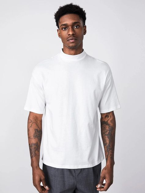 SHEIN BASICS Men Mock Neck Solid Tee | SHEIN USA Skin Tone Dress Color, Corporate Shirts, Shein Basics, Mock Neck And T Shirt, Corporate Wear, Turtleneck T Shirt, Warm Dresses, Simple Tees, Tattoo Sleeve Men