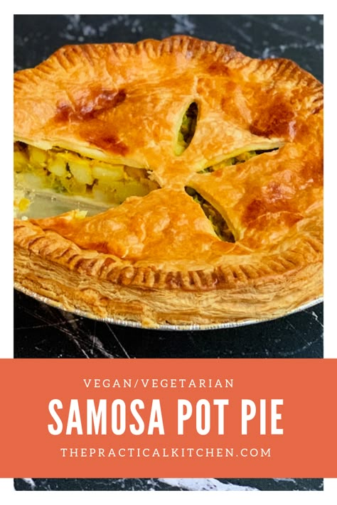 Different Pot Pie Ideas, Vegan Entertaining Recipes, Samosa Casserole, Samosa Pot Pie, Vegan Beef Pot Pie, Veg All Pot Pie, Lentil Pie Puff Pastry, Veg Pot Pie, Samosa Pie Recipe